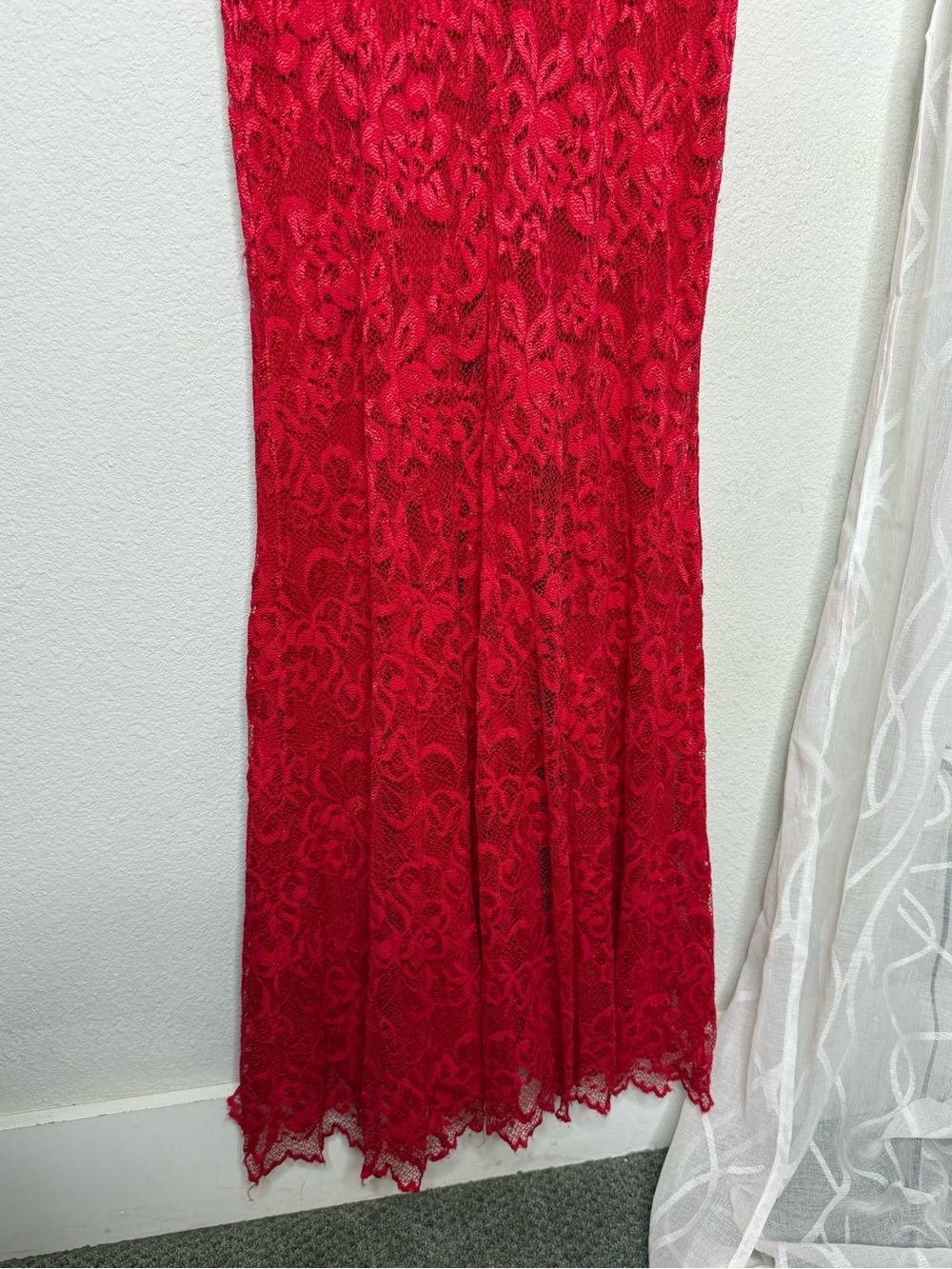 Betsy & Adam Red Lace Plunge Halter Prom Gown - Picture 4 of 7